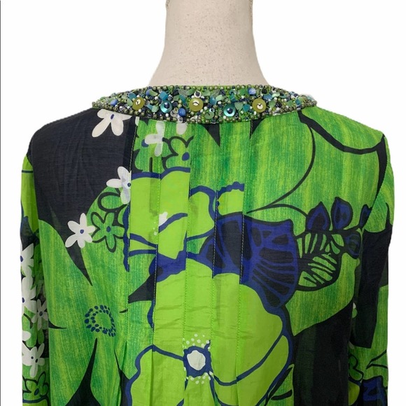 Lafayette 148 Green Mod Floral Print Beaded Tunic - Picture 13 of 15